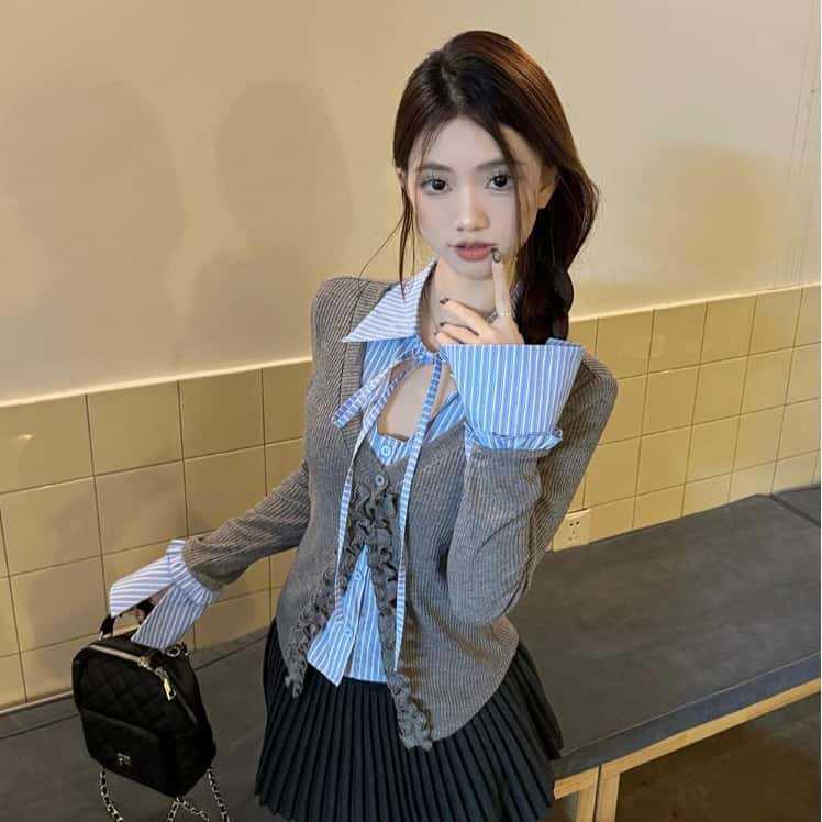 

Women s Patchwork Ruffle Tie-Up Long Sleeve Knit Cardigan - New Spring 2025 Slimming Two-Piece Design Small сірий колір
