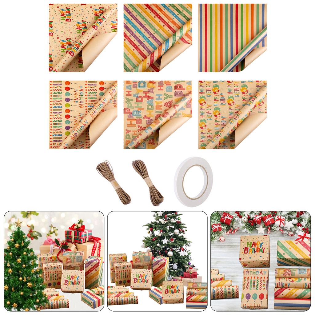 Birthday Gift Wrapping Paper Set Unique Birthday Gift Patterned Wrapping Paper with Tape Tags and Straw Rope