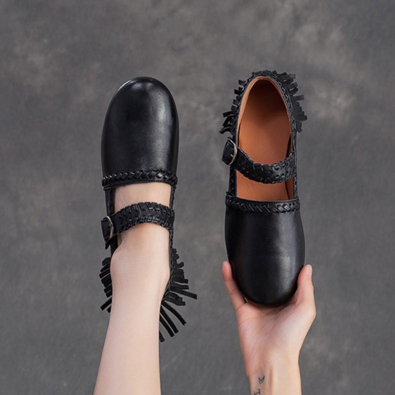 Johnature Genuine Leather Solid Color Belt Buckle Women's Shoes Retro Versatile Tassel Round Toe Soft Sole Flats