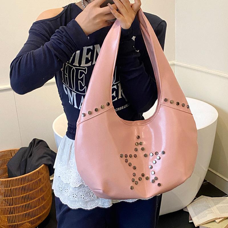 Retro Star Rivet Tote Bag Solid Pu Leather Shoulder Bag Large Capacity Female Casual Shopping Underarm Pack Lady Handbag