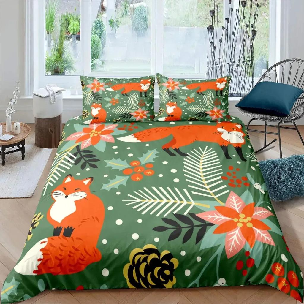 Cute Forest Animals Theme Duvet Cover Sets King Size Fox Deer Rabbit Owl Hedgehog Flowers Comforter Set Bedding Cover Set