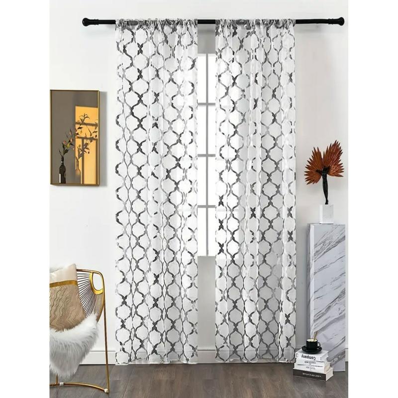 Geometric Gold Foil Sheer Curtains – Set of 2 Panels, Semi-Blackout, Light Filtering Window Curtains