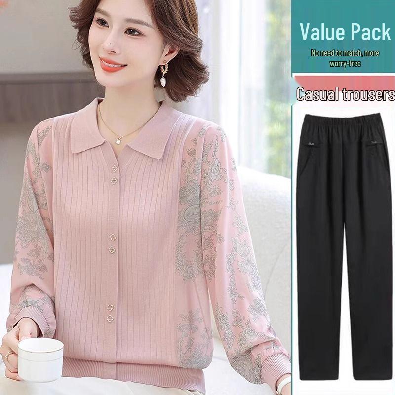 Frühling 2025 Damen Langarm Strick-T-Shirt mit Gazeärmeln für Mütter mittleren und höheren Alters