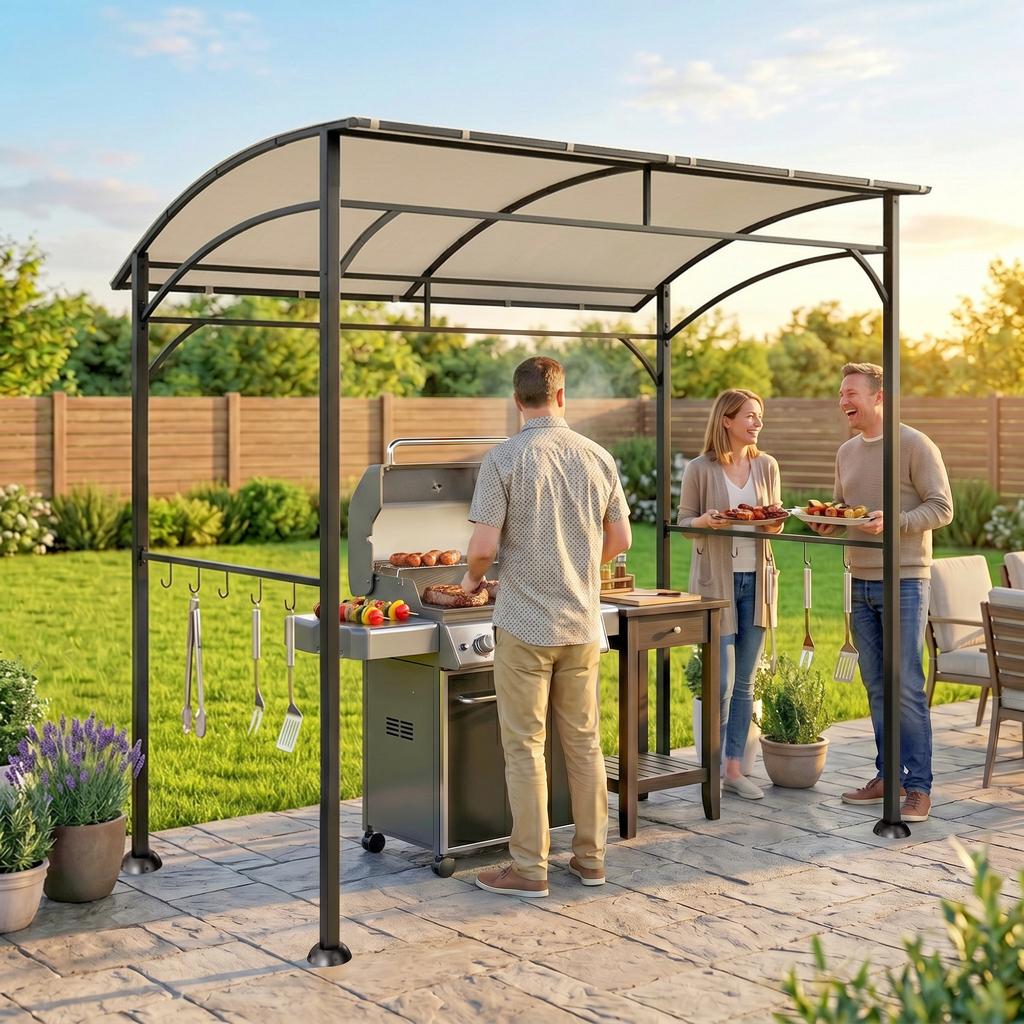 2.2 X 1.5 M BBQ Grill Gazebo Tent, Garden Grill with Metal Frame, Curved Canopy and 10 Hooks, Outdoor Sun Shade, Beige