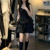 QWEEK Gothic Hrajuku Goth Lolita Kawaii Carino Vestito Nero con Volant Soft Girl Y2k 2026 Moda Festa di Compleanno Vestiti Corti