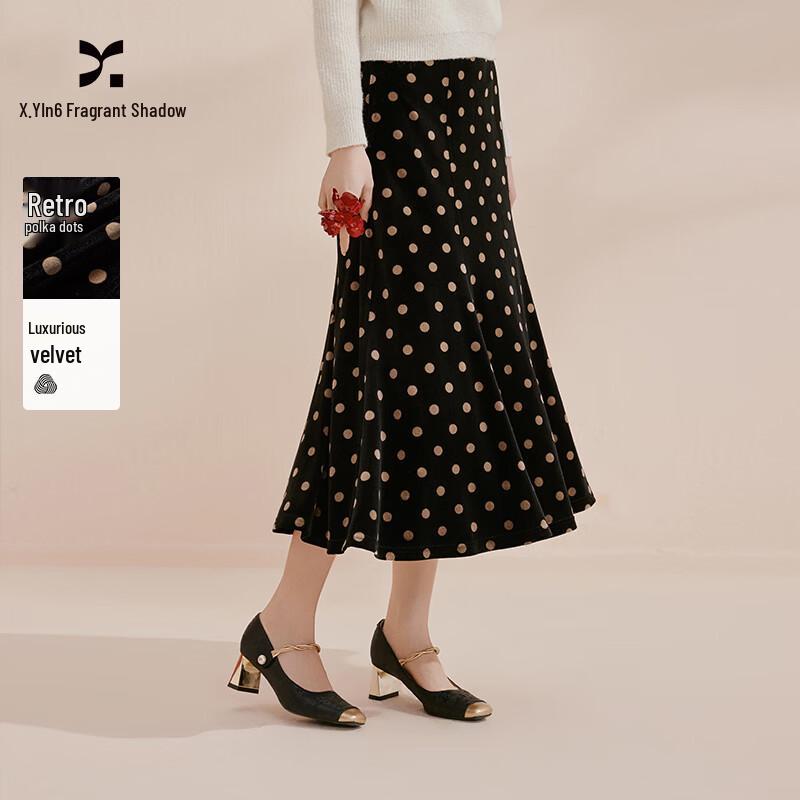 Women s High-Waist Polka Dot Velvet Midi Skirt L