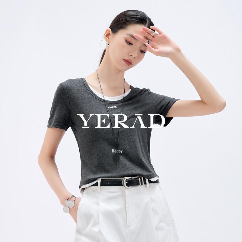 YERAD Women's Casual Faux Two-Piece Grey Short Sleeve T-Shirt