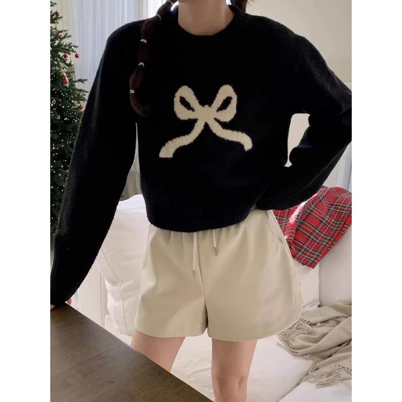 Autumn and winter cute girl feeling full of new loose versatile bow round neck knitted pullover sweater women