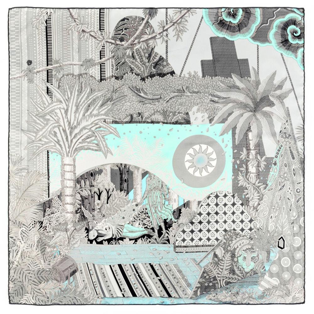 90Cm Women Scarf Summer Night Forest Twill Silk Scarf Handmade Curled Square Scarves Hijab Ladies Foulard Headband Bandana