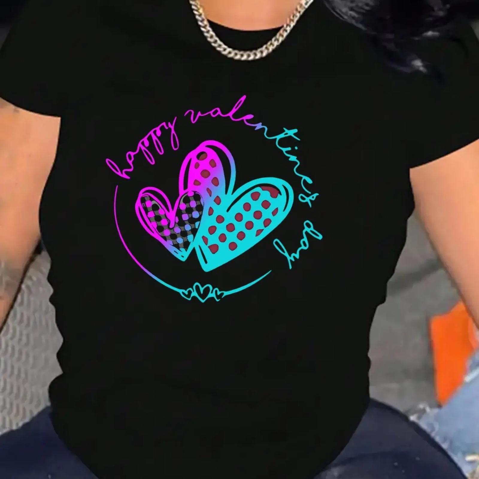 

1pc Women S Fashion Gradient Heart Print T-Shirt, Casual Crew Neck Short Sleeve Top, Knit Fabric with Medium Stretch, All-Season XXXXXL різнокольоровий