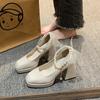 Hochhackige kleine Lederschuhe Damen Winter Weiß Französische Hochzeitsschuhe Retro Dicke Absätze Dicke Sohlen Erhöhte Mary Jane Schuhe