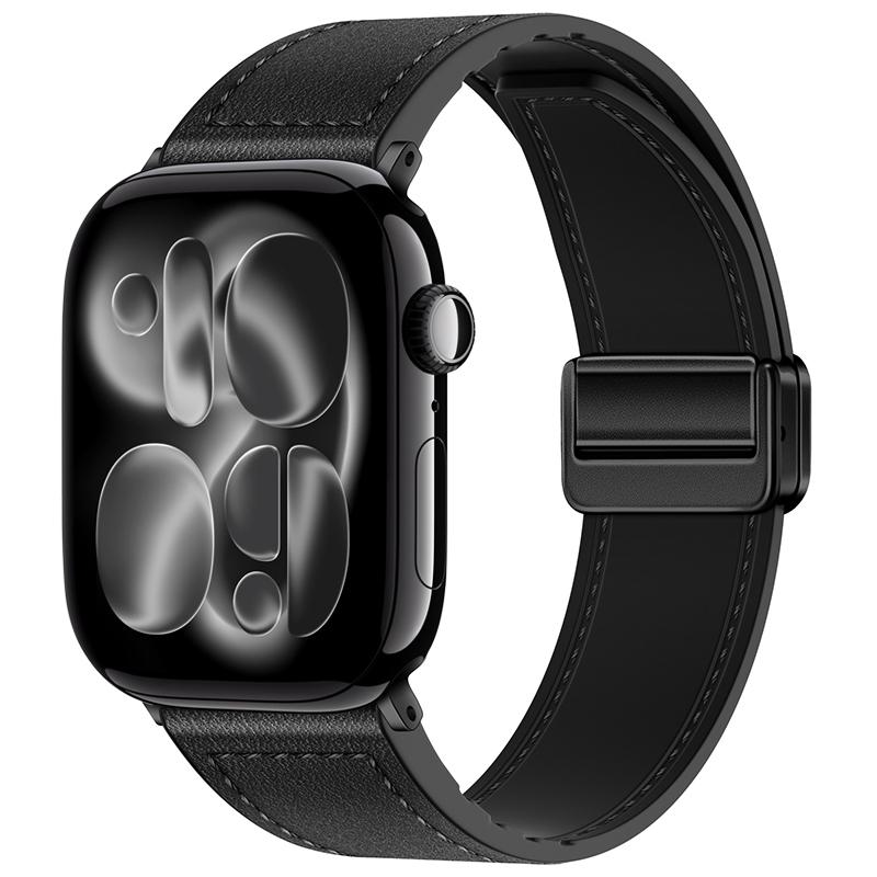 

Silicone+Leather Strap for Apple Watch 11 10 42mm 46mm Ultra 3 49mm Magnetic Bracelet iWatch 9 8 7 6 5 SE3 45/41mm 40/44mm Band Series 10-11 46mm чёрный