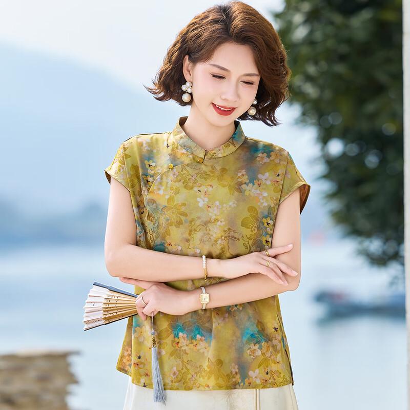New Chinese Style Floral Print T-shirt for Women
