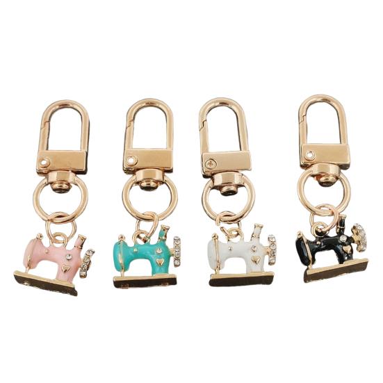 4 Peças Chaveiro Máquina de Costura Metal Artesanal Embutido Strass Brilhante Resistente à Ferrugem Acessório para Mochilas