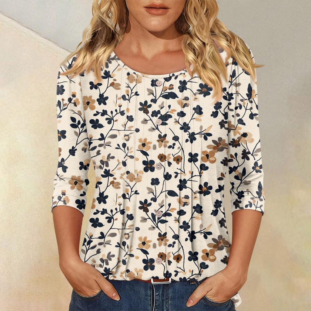 Women's Fashionable Casual Three,quarter Sleeve Button,down Retro Floral Round Neck Top