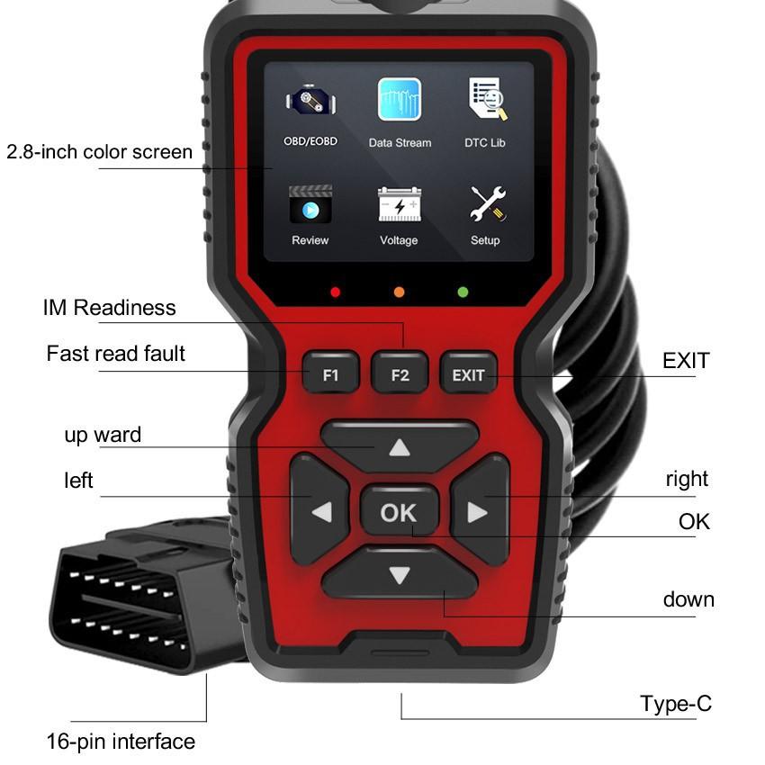 Skener V519 OBD2 s barevným displejem a vícejazyčnou podporou diagnostiky poruch auta