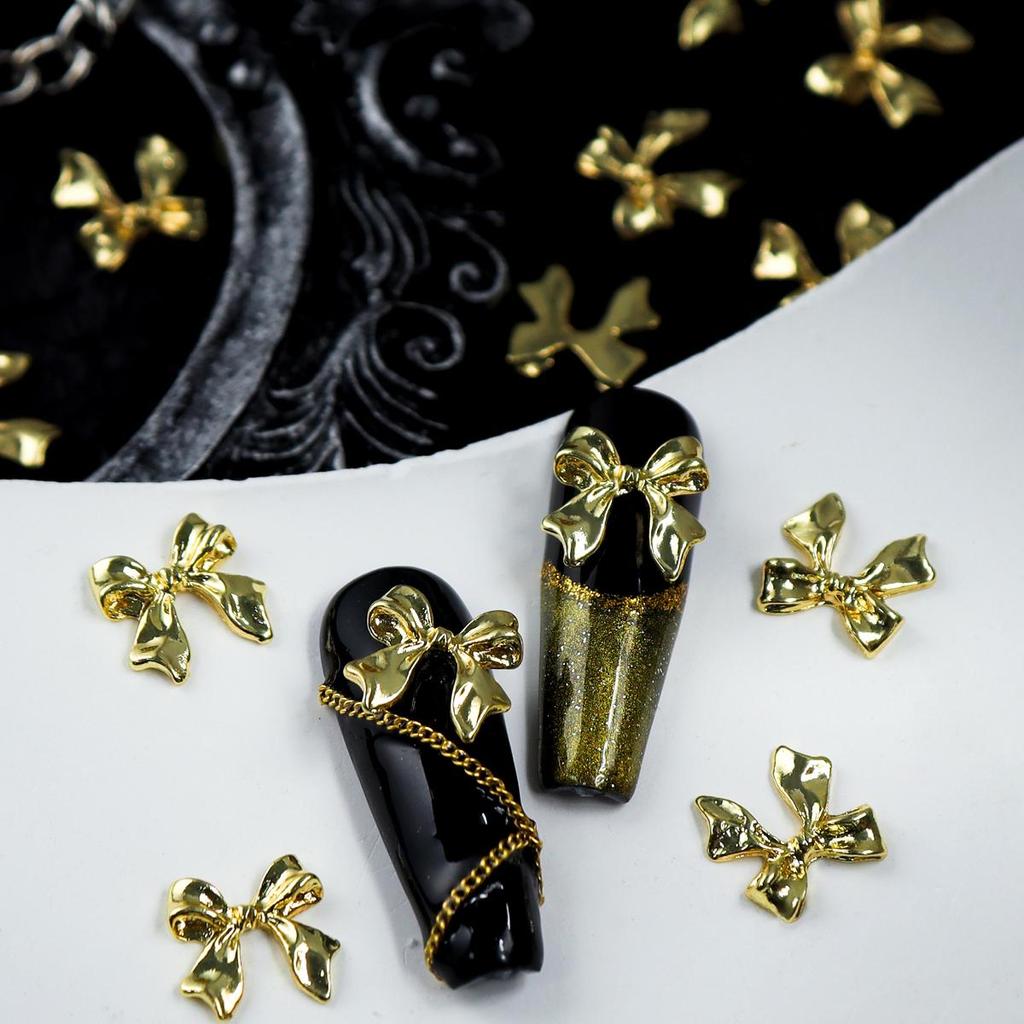 20pcs Golden Metal Ribbon Bow Nail Art Charms Kawaii 3D Nails Decoration Accessories Summer DIY Manicure Designs Supplies Parts