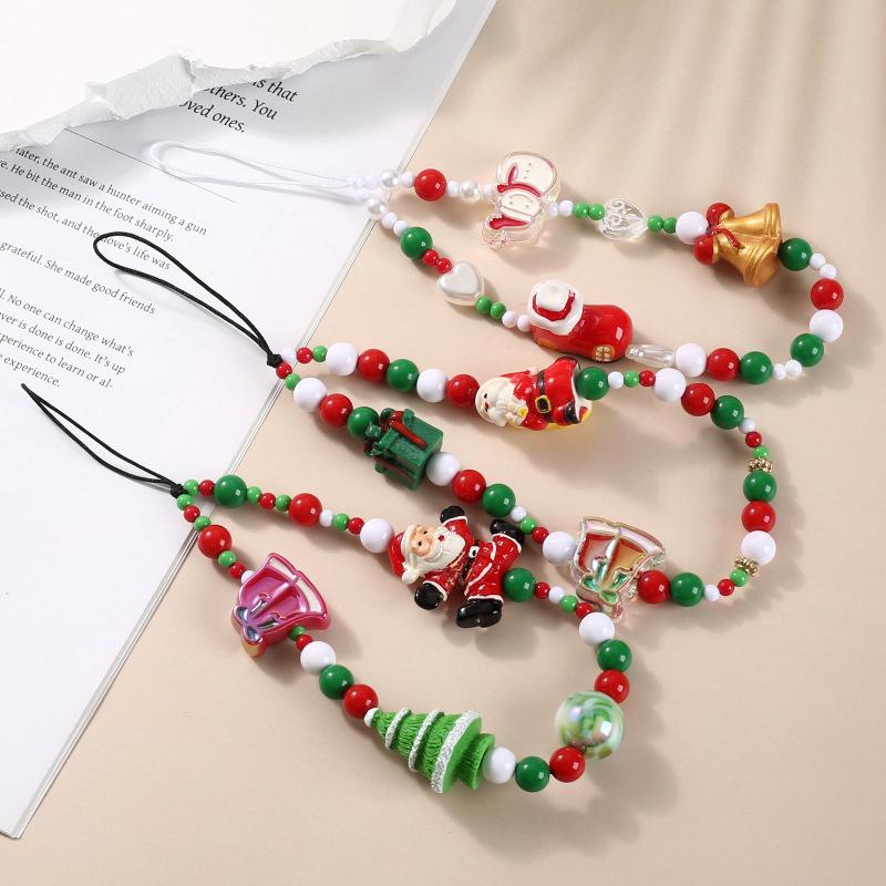 Christmas Mobile Phone Chain Universal Anti-Lost Phone Chain Cartoon Santa Claus Christmas Trees Beaded Phone Lanyard Gifts