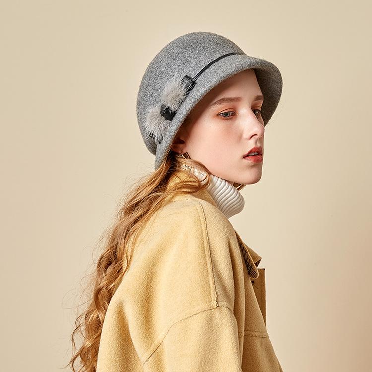 2024 Autumn And Winter New Woolen Basin Hat Versatile Dome Top Hat Women British Belt Felt Hat Bucket Hat