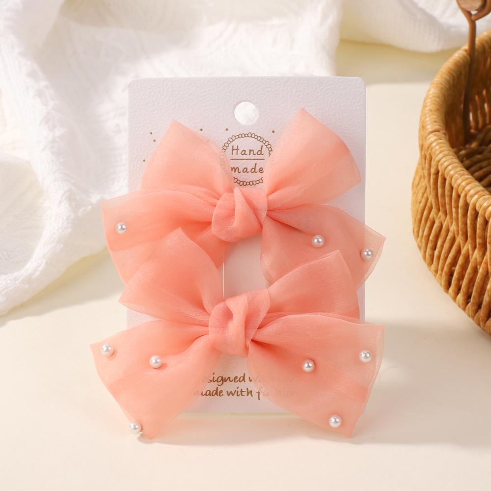 2Pcs/Set Pearl Bows Hair Clips Cute Sweet Girls Side Clip Solid Color Hairpin Handmade with Bow Hair Accessories Headdress Gifts