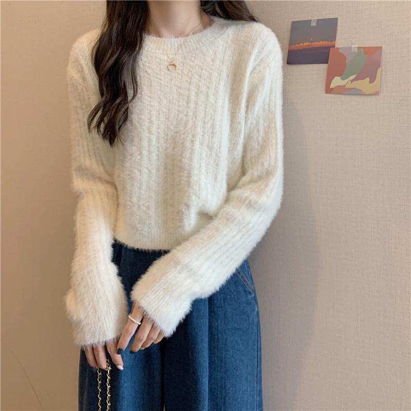 Y2K Cropped Sweater Pink Furry Solid Korean Fashion Pullover Knitted Sweaters Autumn Winter Long Sleeve Harajuku Jumper Sweater