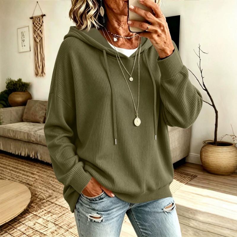 Women S Solid Drawstring Hooded Knit Loose Fit Casual Sweatshirt With Pockets