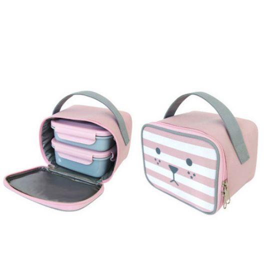 Lollimon Double Wall Stainless Steel 2-Tier Lunch Box Set with Lunch Picks & Carry Bag Pink