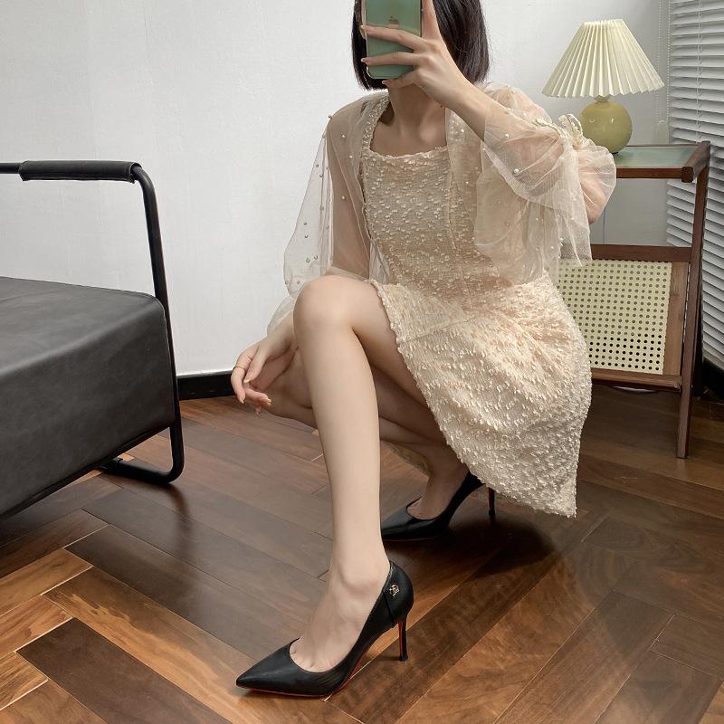 Red-soled high heels women's stiletto leather new sexy versatile pointed soft leather black single shoes