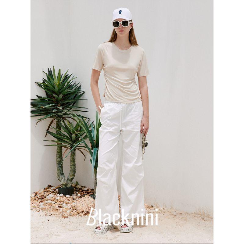 Blacknini (Three Colors) "Smooth T" High Density Mulberry Silk Smooth Elastic Waist-Tightening Short Sleeve T-shirt Top