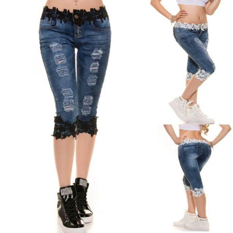 Stylish Women Jeans Lace Elastic Casual Big Size Cowboy Denim Shorts For Daily Wear