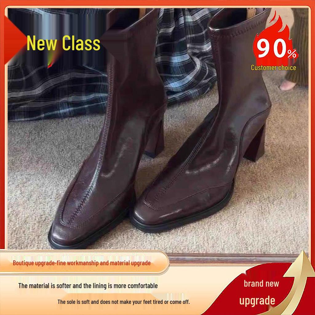 French Retro Square Toe Chunky Heel Ankle Boots for Women - Autumn Winter Versatile Slim Fit In Brown Black.