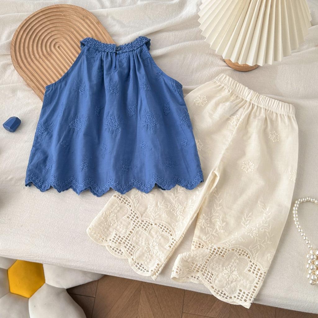 Summer Girls' Outfit New Style Lace Embroidered Tank Top And Lace Wide-Leg Pants Two-Piece Set
