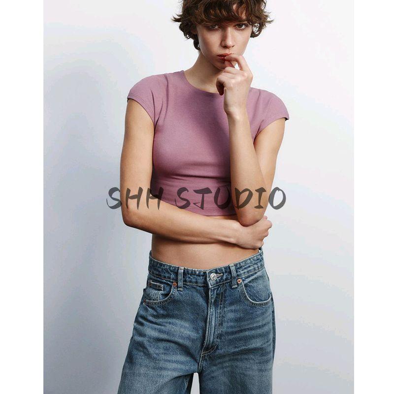 Spring New Women clothes Commuter Leisure Short sleeve Cotton and Modal Blended round Neck Short t-shirt 3641309