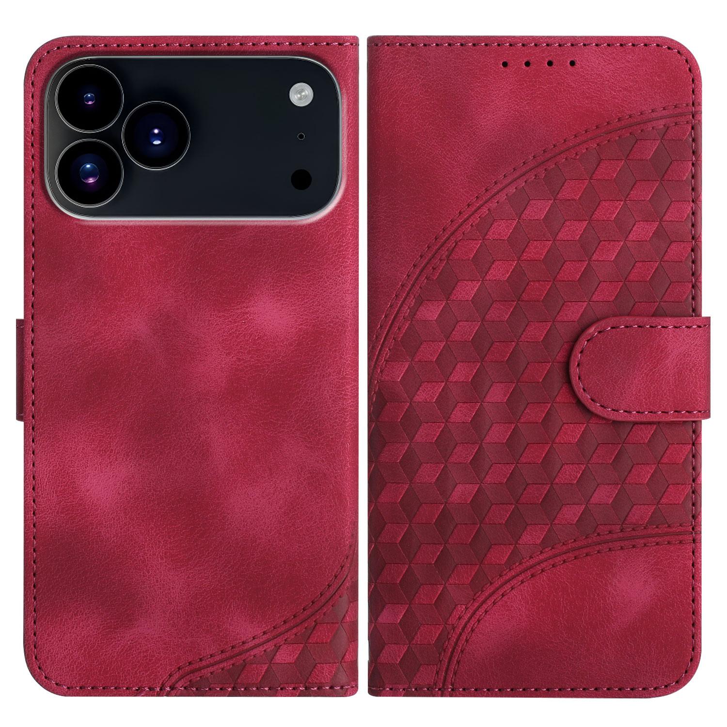 

For iPhone 17 Pro Max Leather Case with Wrist Strap Diamond Imprint Wallet Phone Cover Rose Red