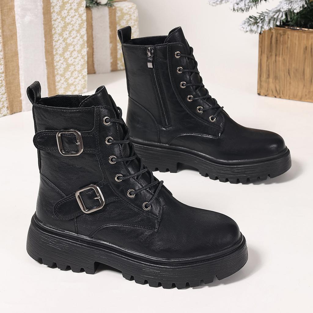 Fashion 2025 Black Ankle Boots Square Heel Front Lacing Women New Rock Motorcyccle Boots Big Sizes Platform Women Shoes Zapatos De Mujer