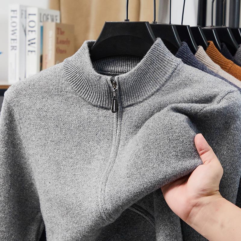 Męski gruby wełniany sweter rozpinany, kołnierz stojący, 520g, gruba gładka tkanina, casualowa ciepła odzież wierzchnia na zimę.