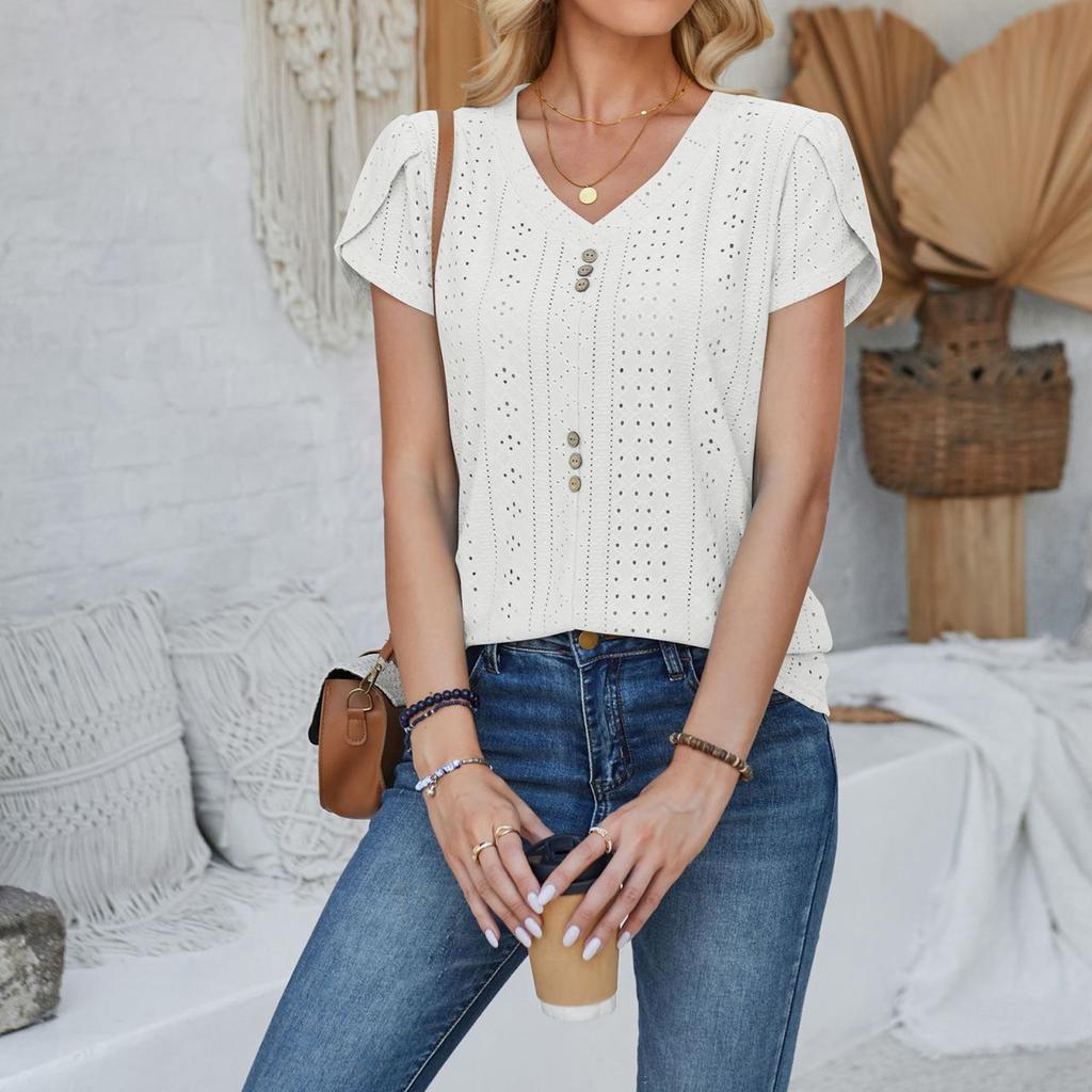 Women's Fashion V-neck T-shirt Court Lock Hollow Short-sleeved Casual Tops