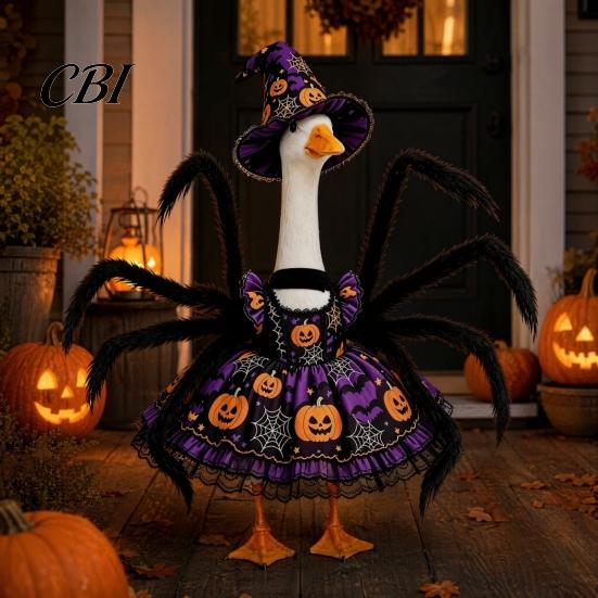 Porch Goose Costume 1 Set Halloween Spider Outfit, Pumpkin Cobweb Print Dress with for Yard Decoration Legs And Witch Hat, 23-Inch Statue Outdoor