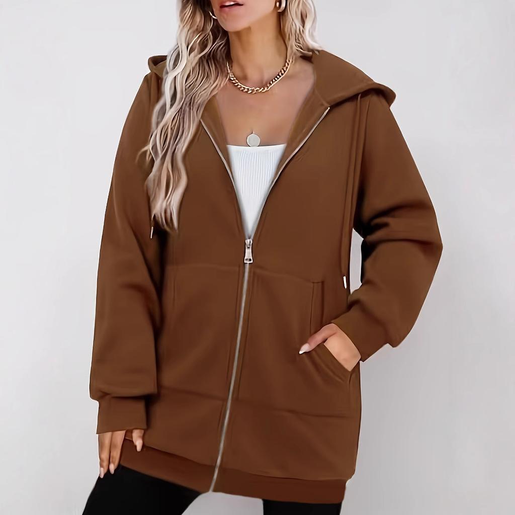Women's Fleece Zipper Shirt, Long Hooded Cardigan, Oversized Winter Hoodie with Pockets
