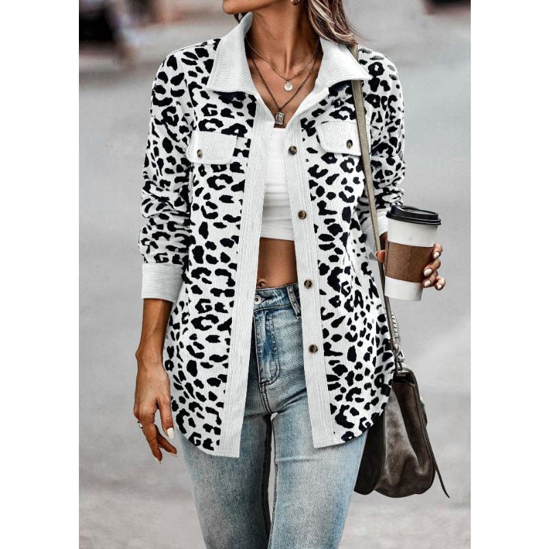 Plus Size Leopard Print Button-Up Jacket with Long Sleeves for Autumn/Winter