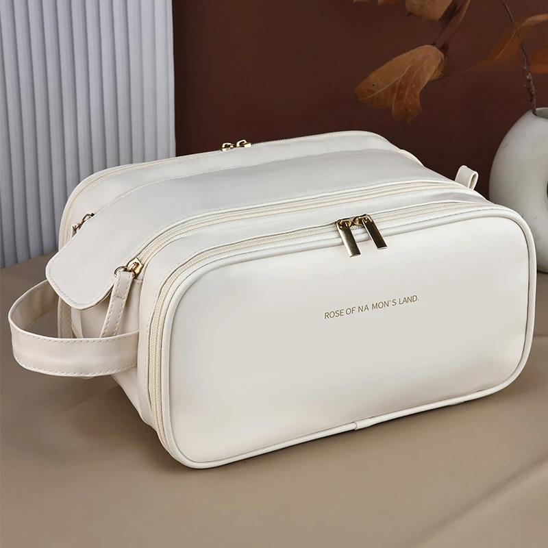 Multifunctional Makeup Bag For Women PU Leather Large Capacity Portable Double Zipper Travel Makeup Brush Toiletries Storage Bag