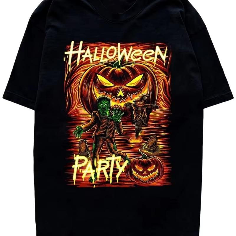 

2025 Summer Fashion Halloween Pumpkin Print short-sleeved loose and trendy T-shirt cotton streetwear for men and women 4XL
