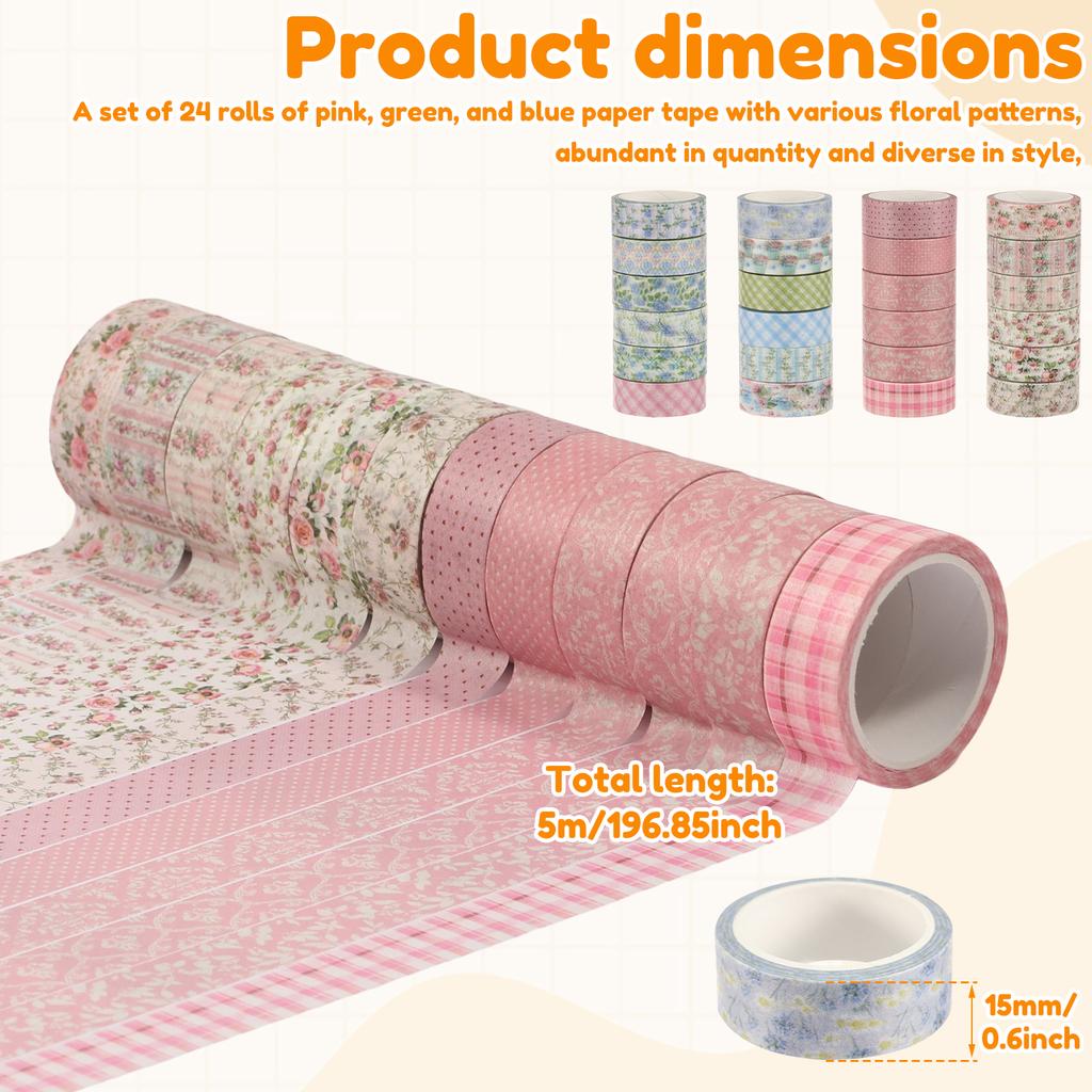 24 Roll Watercolor Washi Tape Set 15 Mm Vintage Floral or Lattice Decorative Masking Tape for Art DIY Craft Scrapbook Envelope