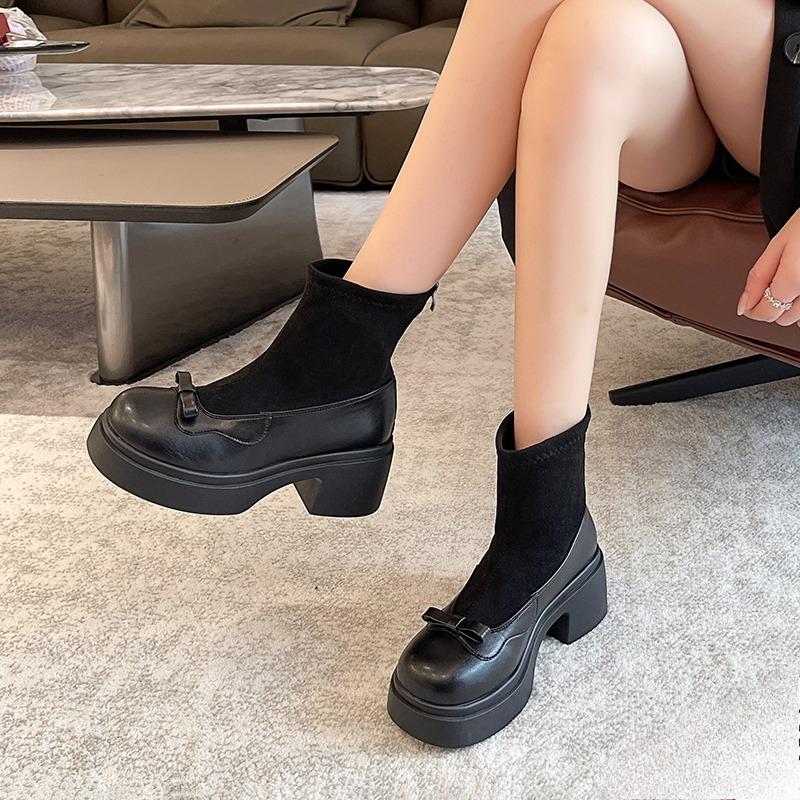 Small Stretch Skinny Boots Women  New Round Toe Bow Platform Rear Zipper Heightened Skinny Booties