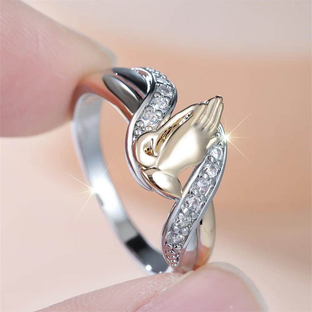 Vintage Silver Color Golden Prayer Rings for Women Unique Religious Hand Zircon Jewelry Gifts