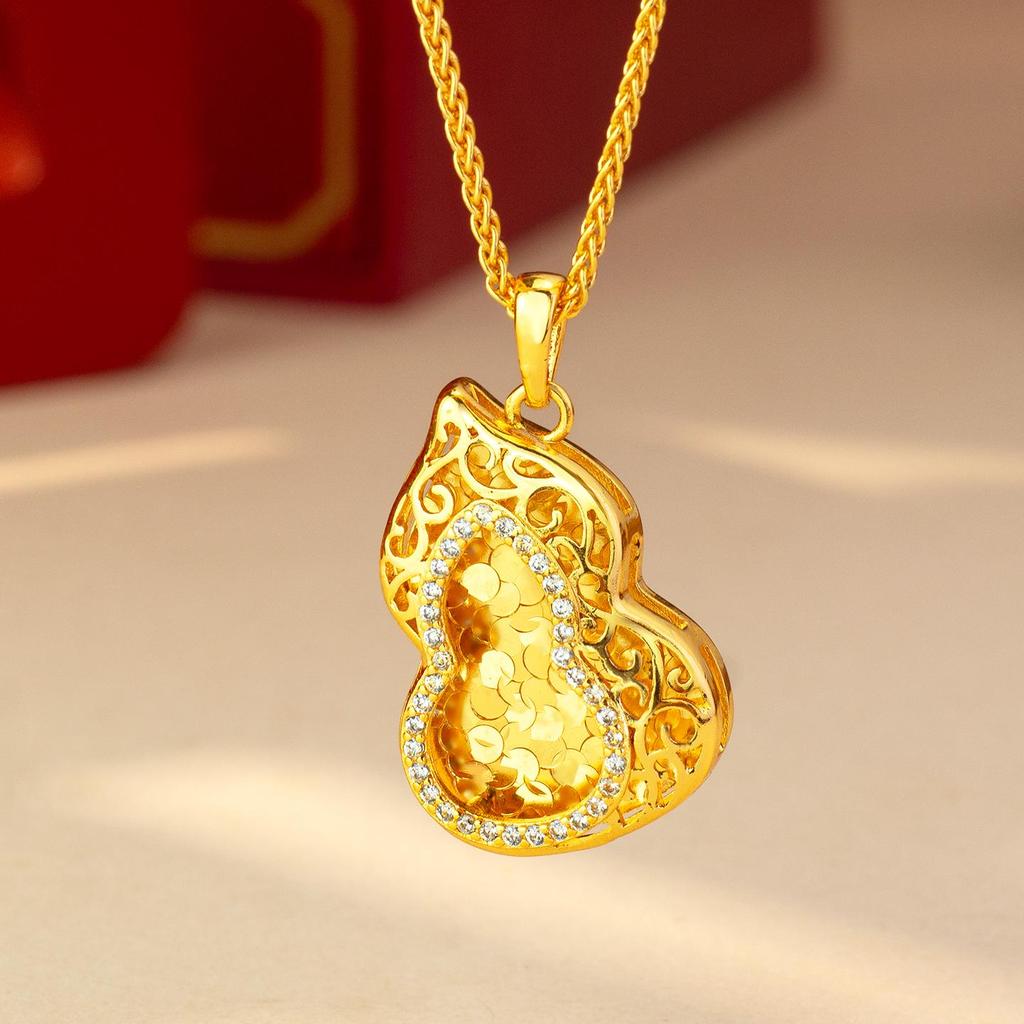 Gold Diamond-Set Gourd Pendant Necklace, Women's Luxury Ice Crack Pattern