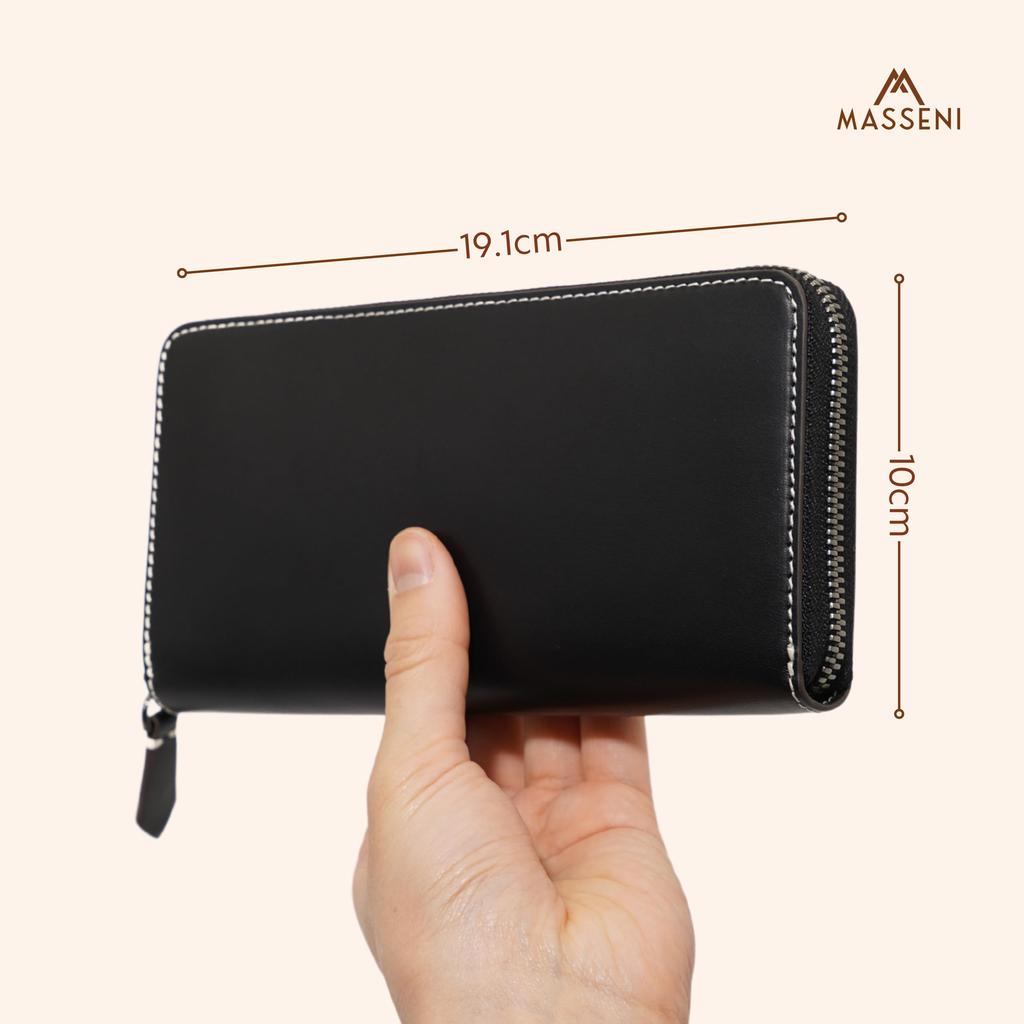 Luxury Italian Leather Long Wallet with Coin Genuine Leather Tan Holds 13 Cards [MASSENI] Purse, Wallet, Color, (black)