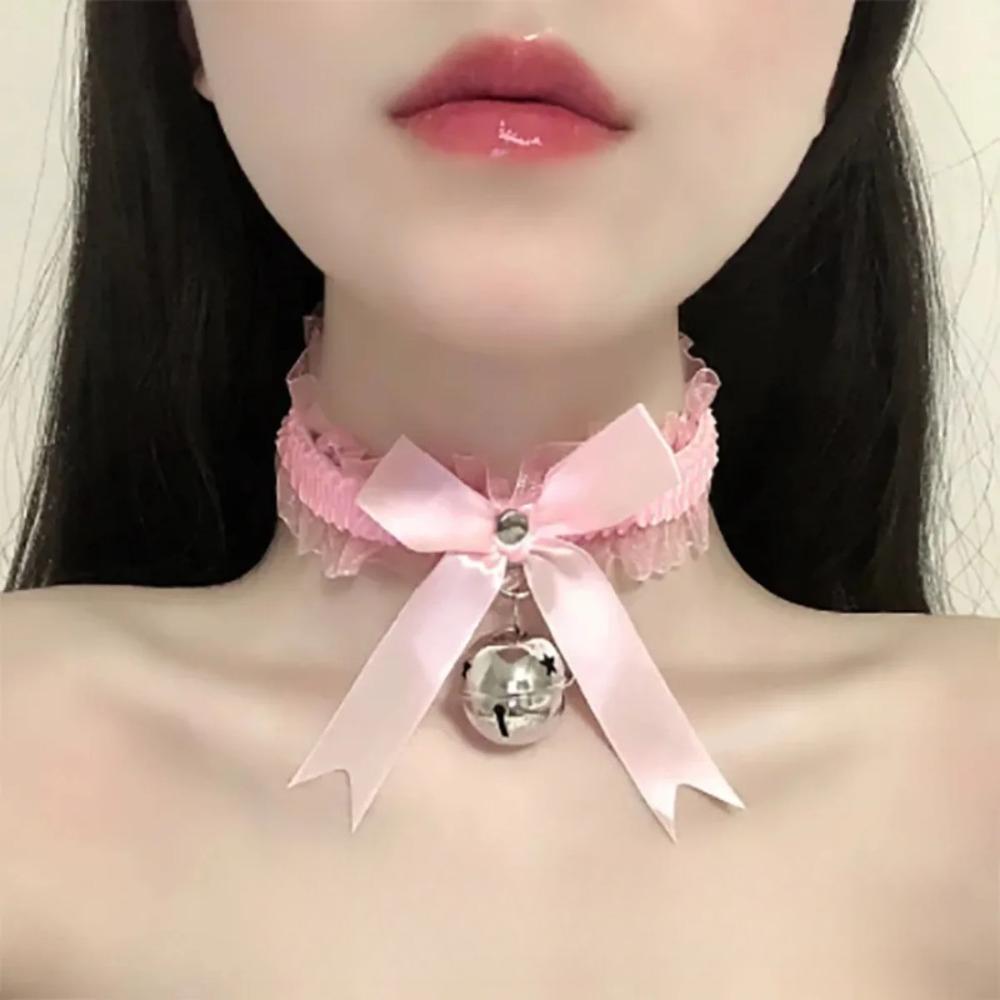 Gothic Lace Bow Bell Pendant Necklace with Butterfly Necklace Cute Collar for Women Fashion Jewelry Accessories Goth Necklace