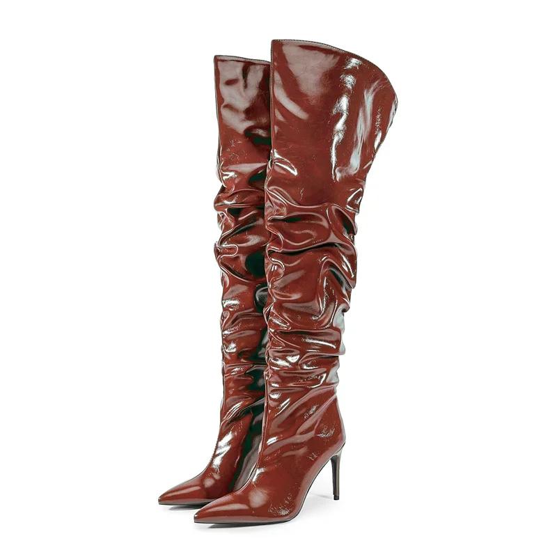 Fashion Sexy Solid Color Pleated Lazy Style Over The Knee Boots Autumn Winter Fashion Black Silver High-heel Women Long Boots Size 34-45
