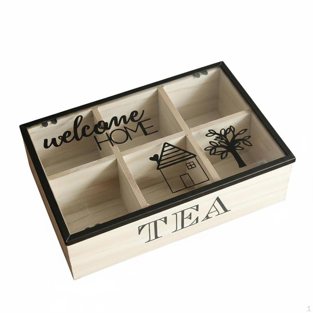 Wooden Tea Box Separate Compartments Packet Organizer Desktop Display Lidded for